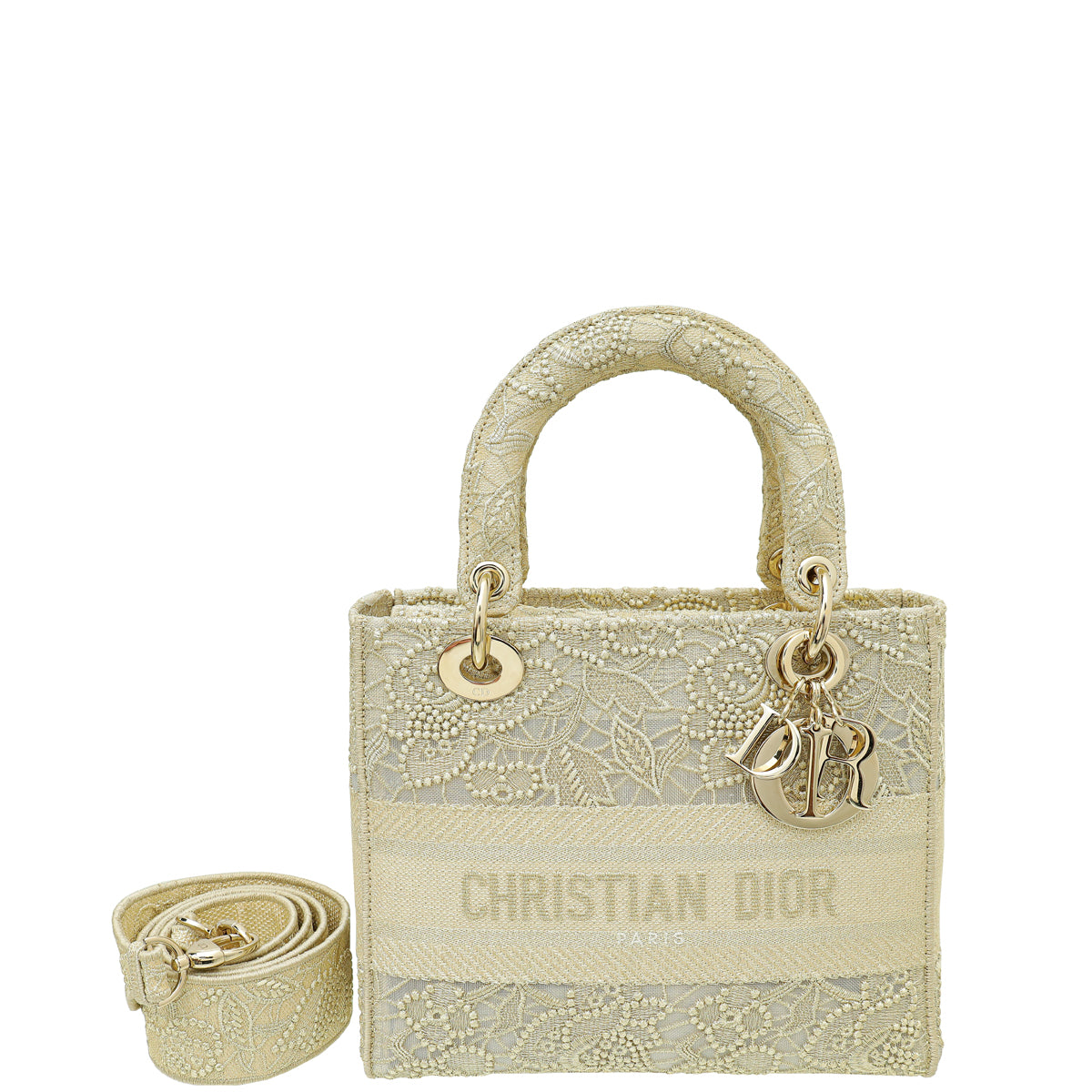 Christian Dior Gold Lady D-Lite Lace Embroidery With Macramé Effect Medium Bag-Christian Dior-THE CLOSET