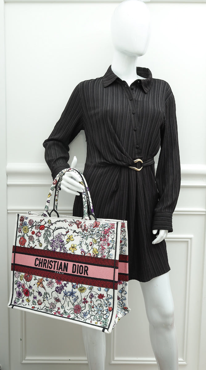 Christian Dior White Multicolor Florilegio Embroidered Book Tote