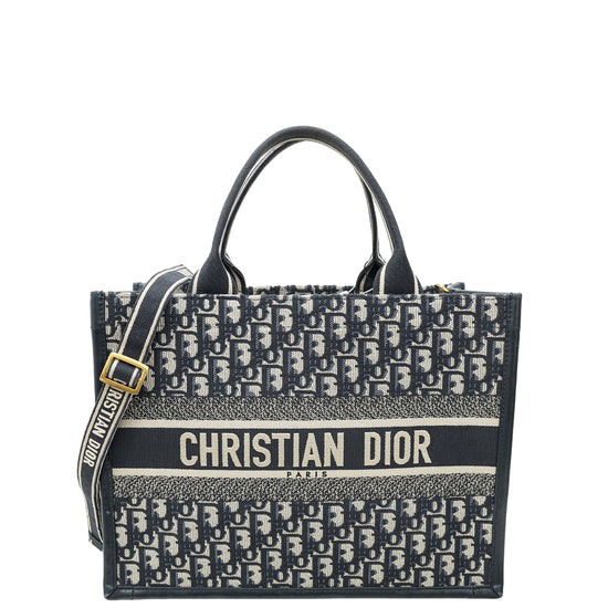 Christian Dior Blue Oblique Embroidery and Calfskin Book Tote Medium Bag