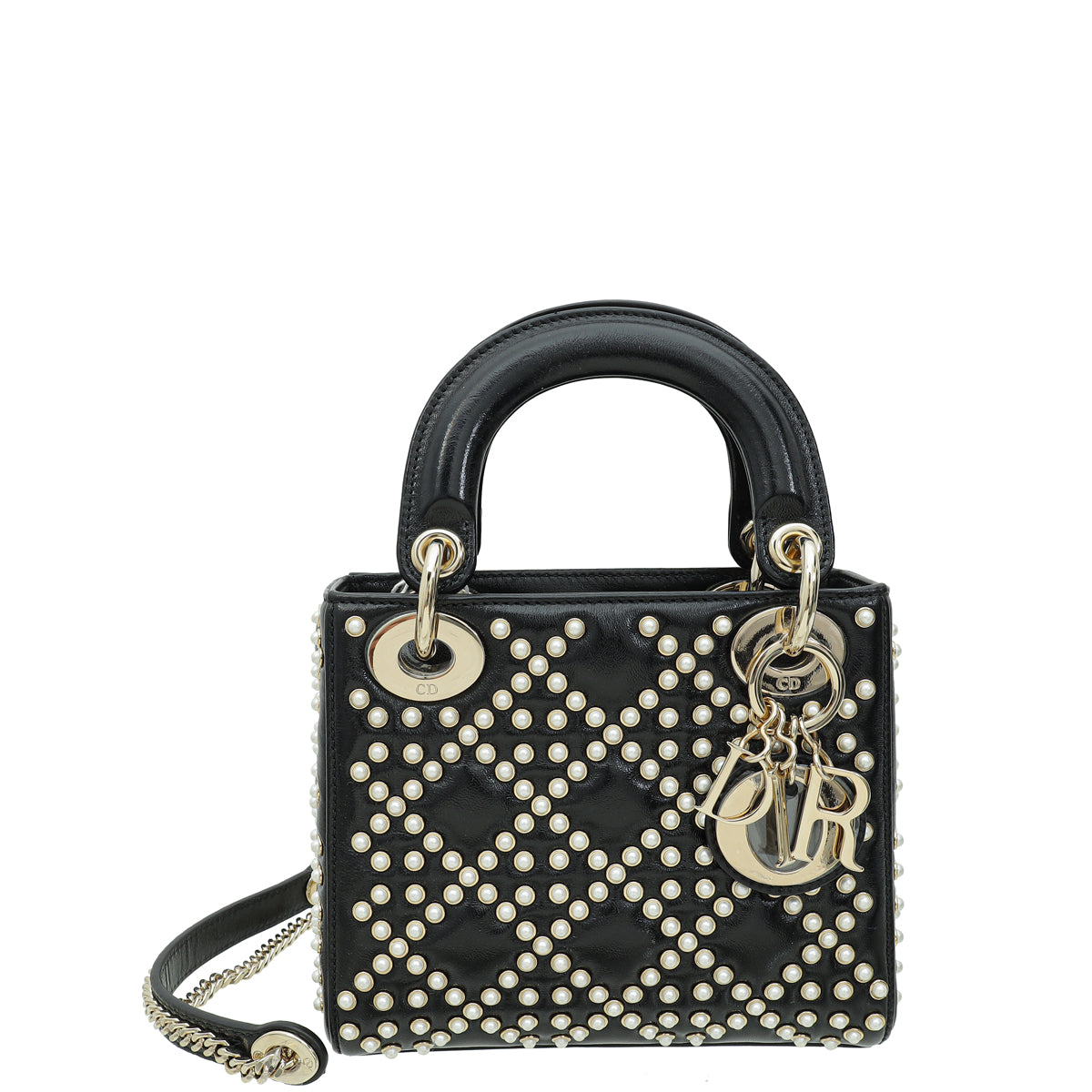 Christian Dior Black Lady Dior Pearls Embroidered Mini Chain Bag