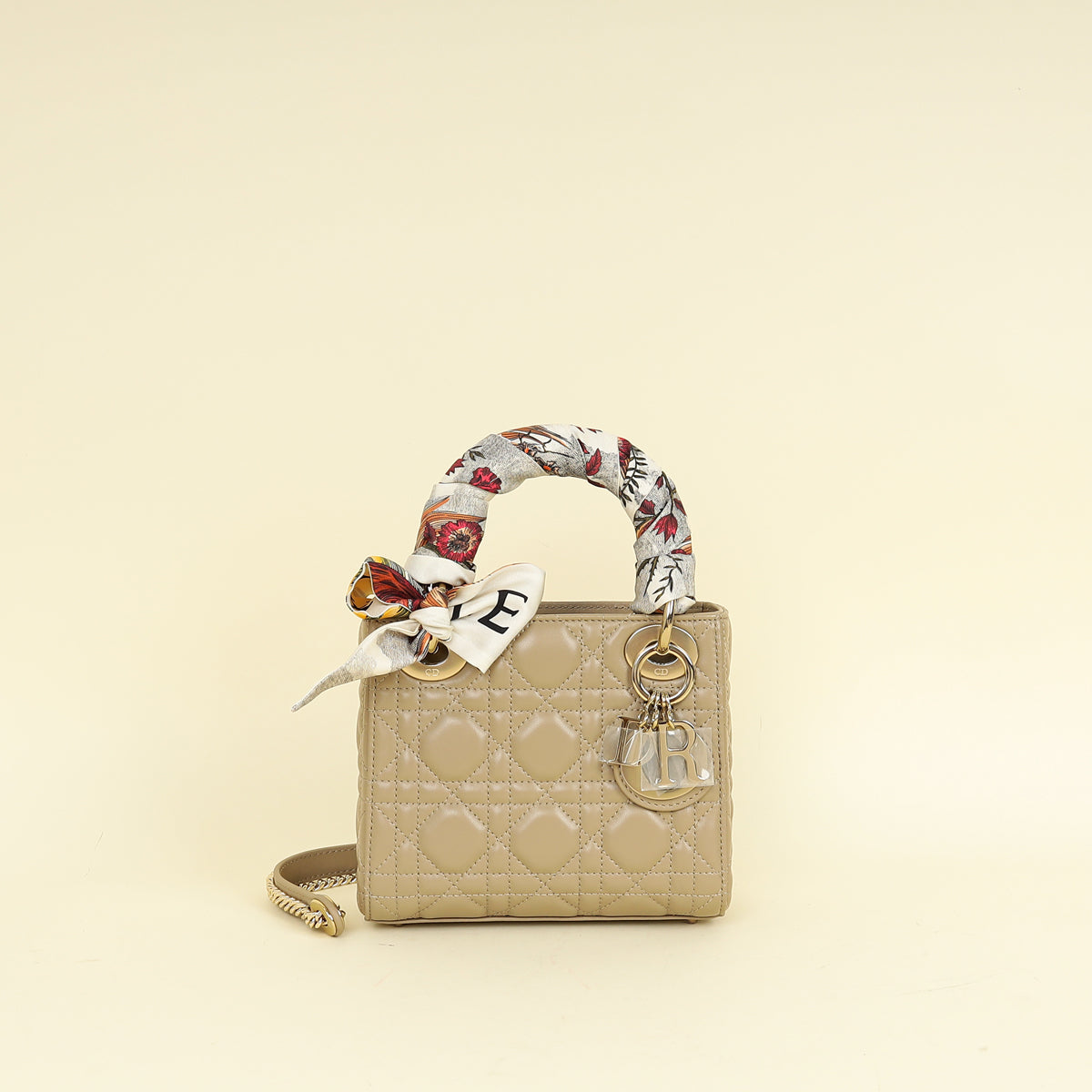 Christian Dior Beige Lady Dior Mini Chain Bag w/ Twilly
