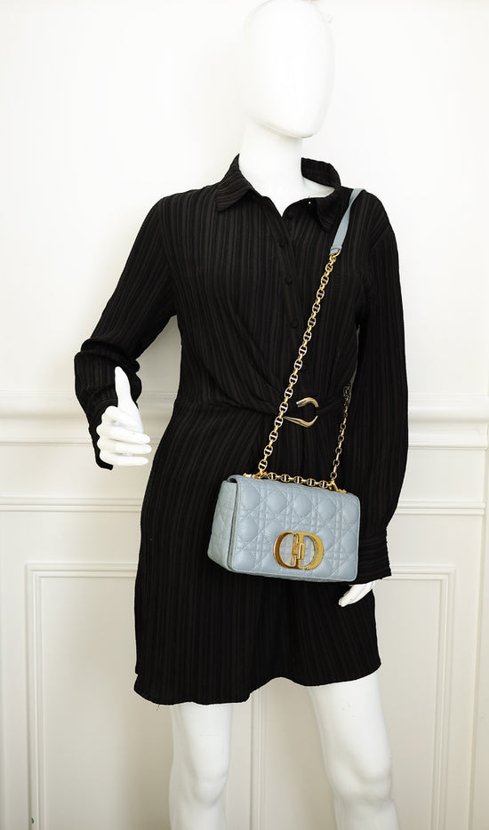 Christian Dior Blue Grey Caro Cannage Small Flap Bag