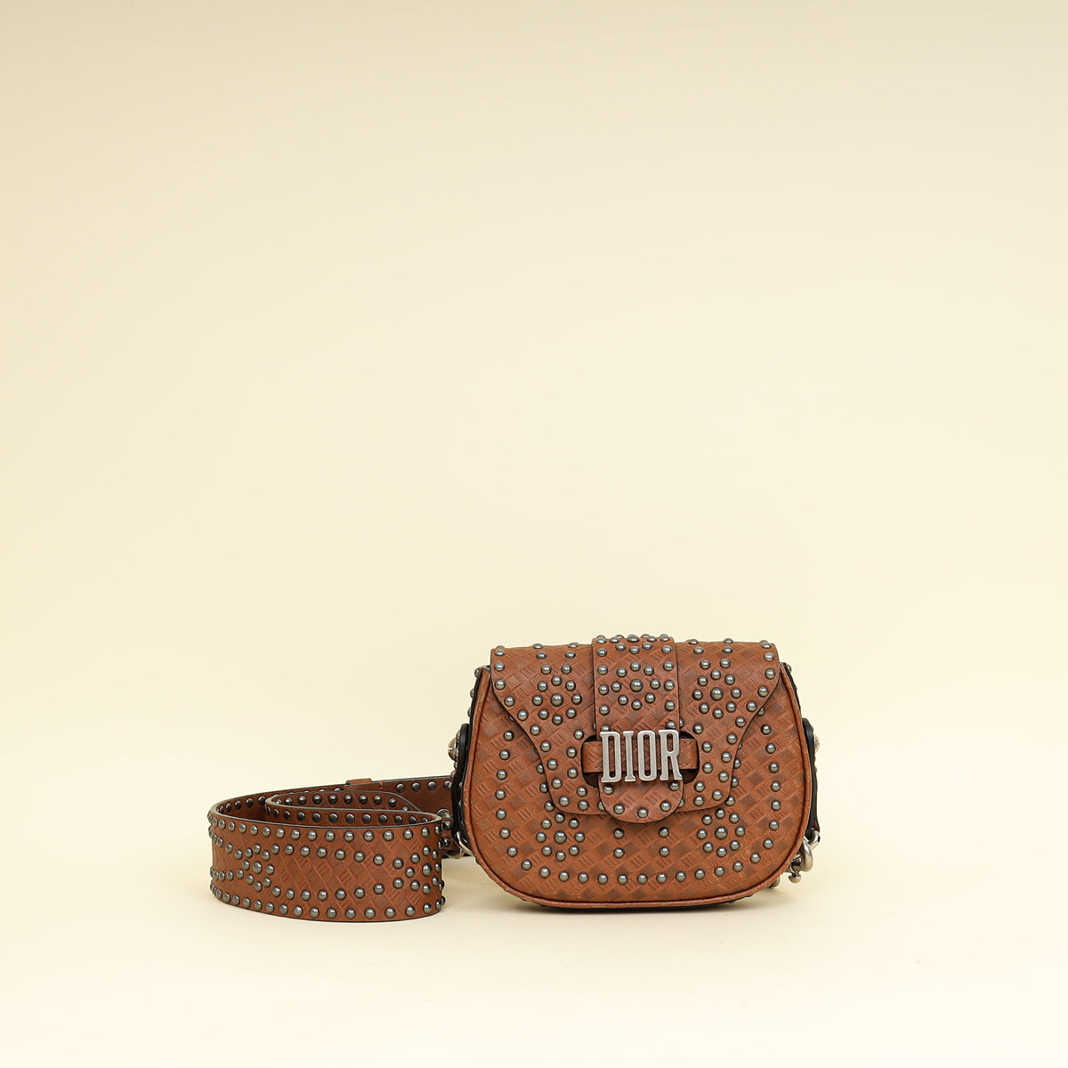 Christian Dior Brown Cannage Embossed Studded D-Fence Saddle Bag-Christian Dior-THE CLOSET