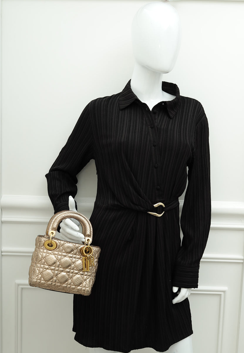 Christian Dior Metallic Rose Gold Python Lady Dior Cannage Supple Mini Bag-Christian Dior-THE CLOSET