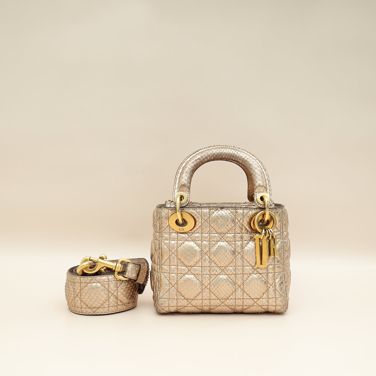 Christian Dior Metallic Rose Gold Python Lady Dior Cannage Supple Mini Bag