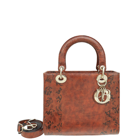 Christian Dior Brown Lizard Lady Dior Medium Bag