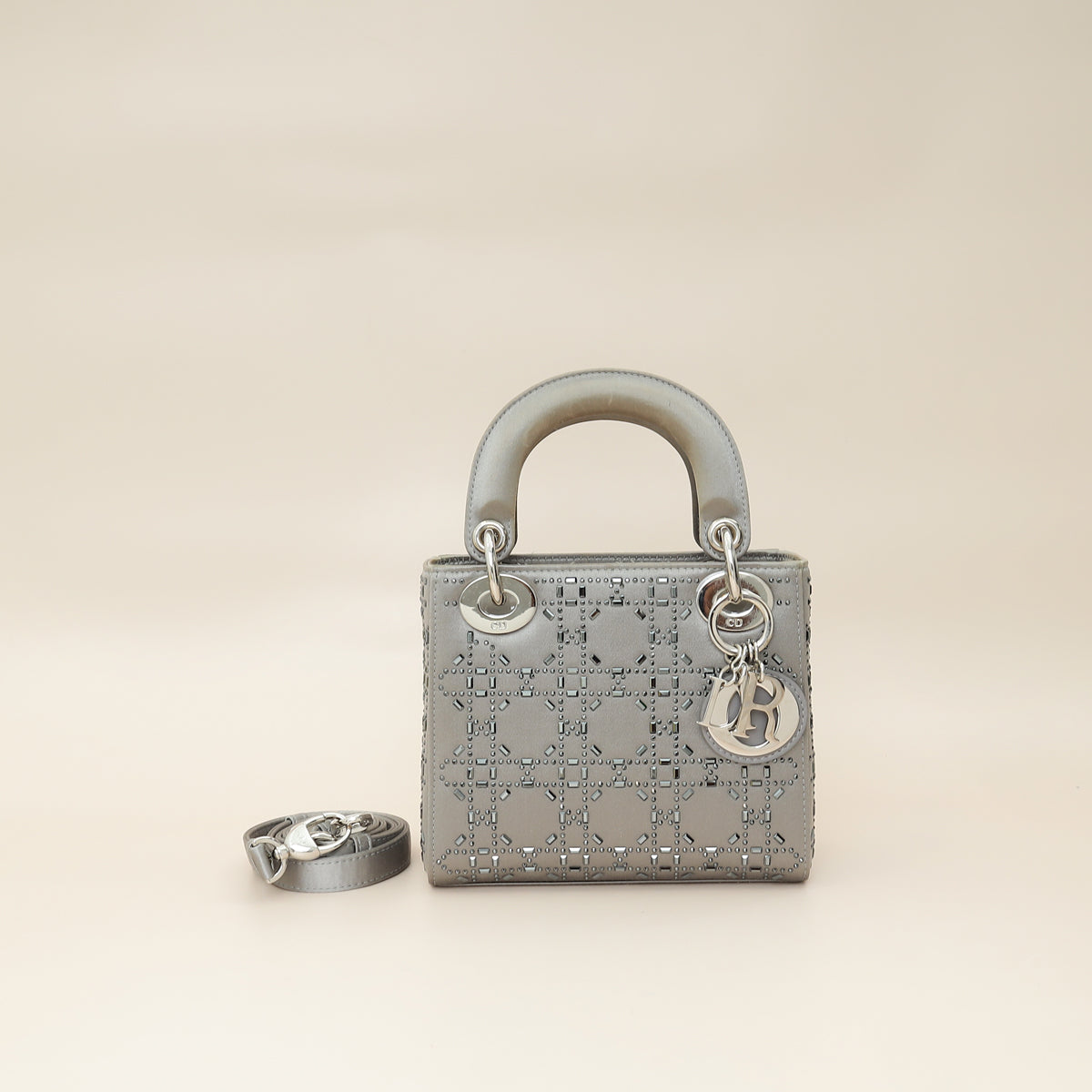 Christian Dior Grey Lady Dior Cannage Satin Strass Mini Bag-Christian Dior-THE CLOSET