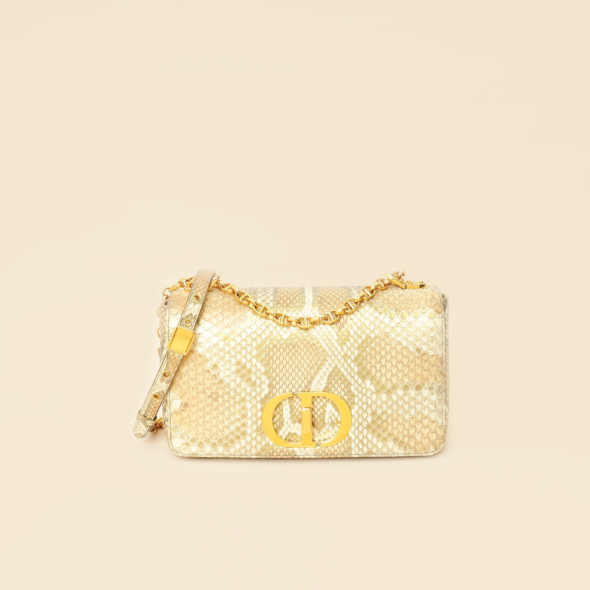 Christian Dior Metallic Golden Beige Python Caro Flap Medium Shoulder Bag-Christian Dior-THE CLOSET