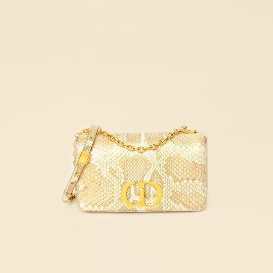 Christian Dior Metallic Golden Beige Python Caro Flap Medium Shoulder Bag-Christian Dior-THE CLOSET