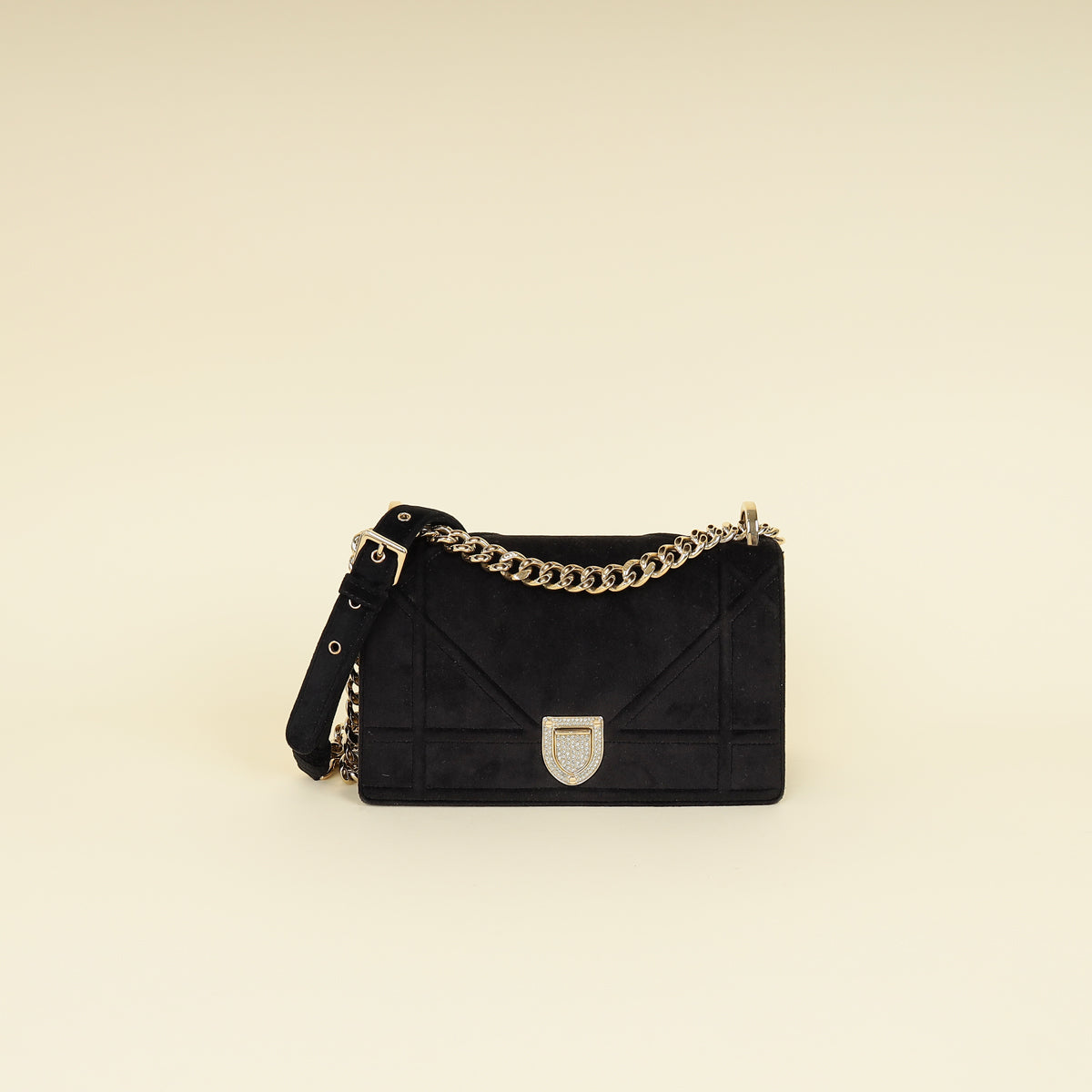 Christian Dior Black Diorama Velvet Small Crystal Lock Shoulder Bag-Christian Dior-THE CLOSET
