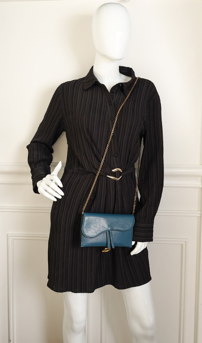 Christian Dior Teal Blue Saddle Long Wallet on Chain