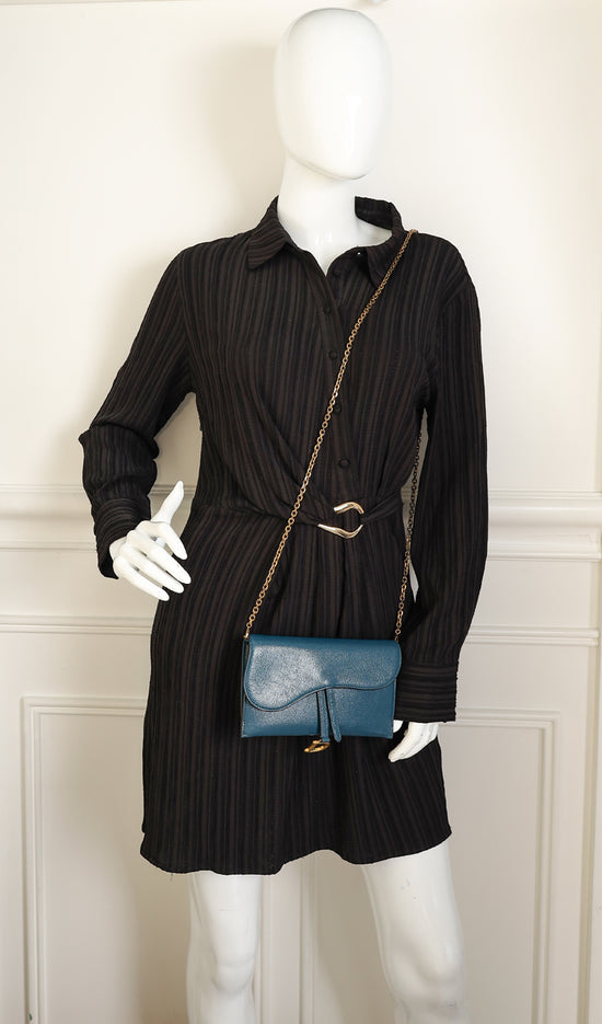 Christian Dior Teal Blue Saddle Long Wallet on Chain