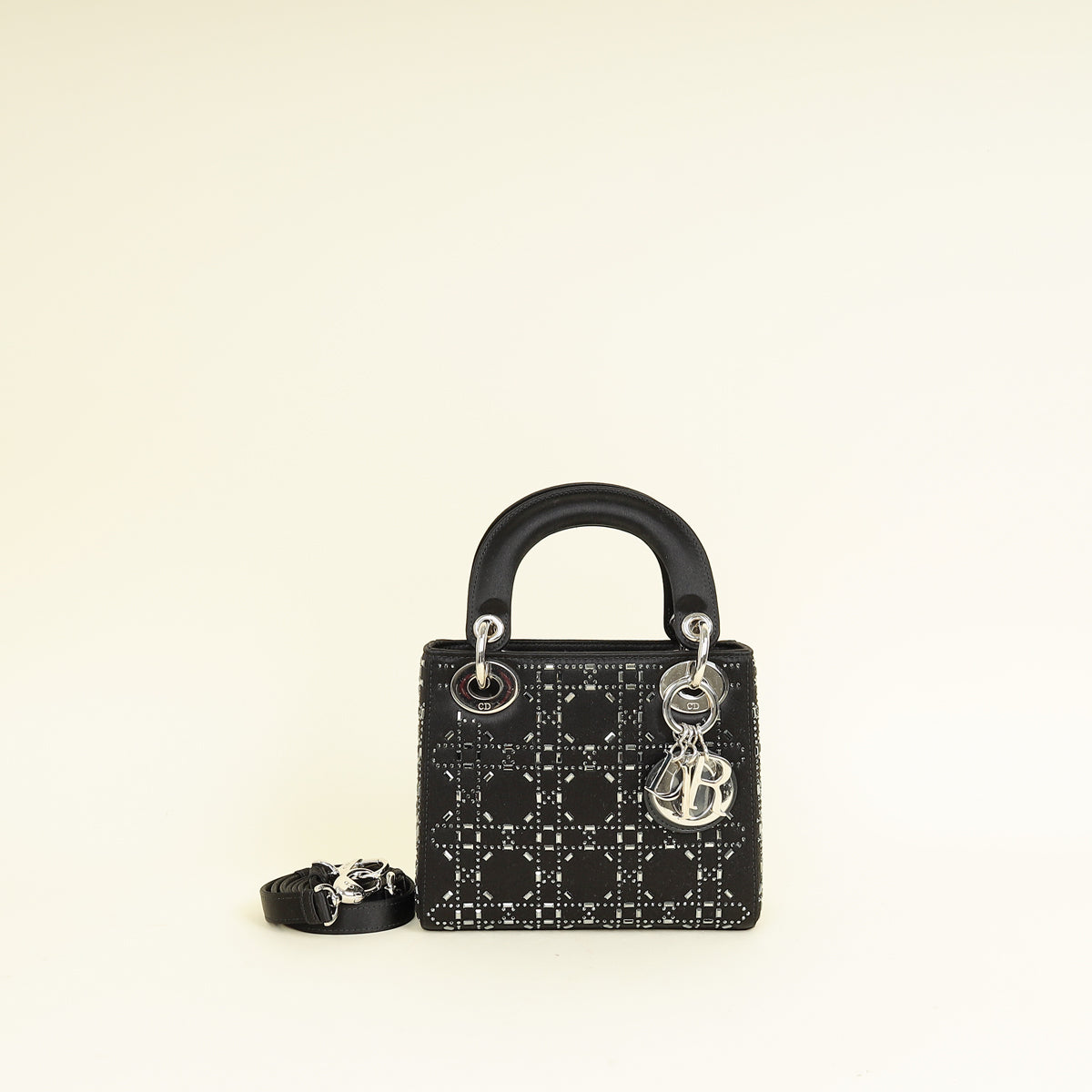 Christian Dior Black Satin Strass Cannage Mini Lady Dior Bag