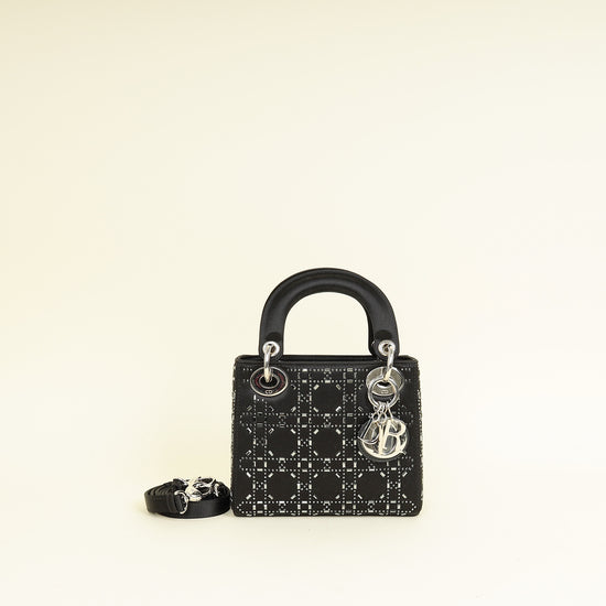 Christian Dior Black Satin Strass Cannage Mini Lady Dior Bag