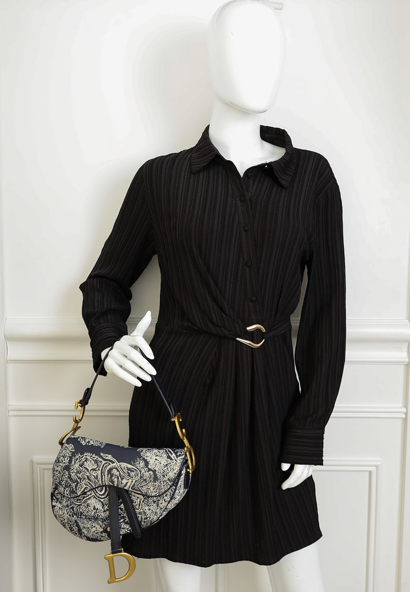 Christian Dior Navy Blue Toile de Jouy Saddle Medium Bag