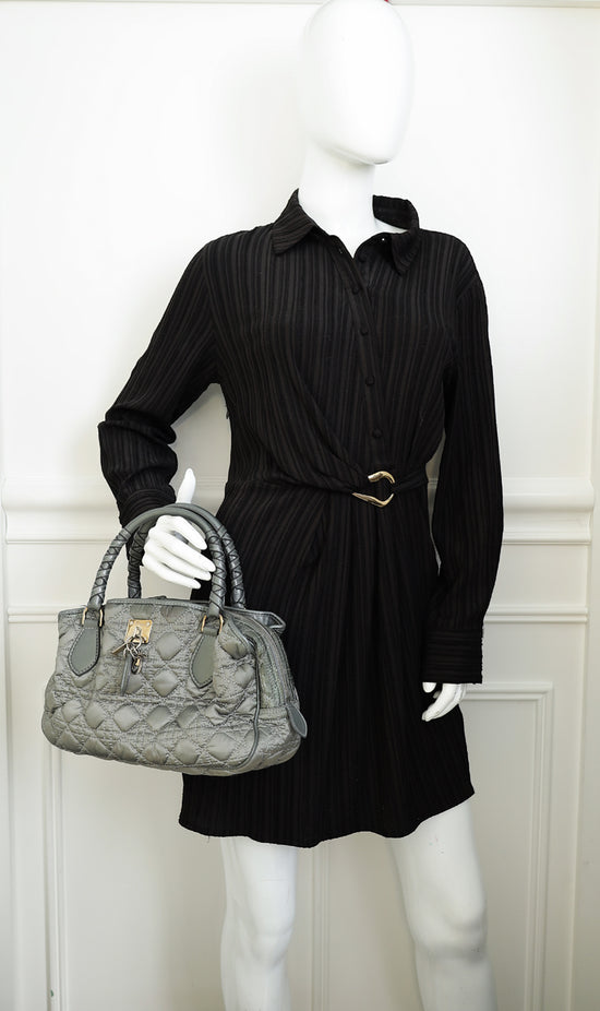 Christian Dior Grey Cannage Quilted Lady Boston Bag