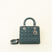 Christian Dior Forest Green Lady Dior Medium Bag w/ Crystal Embroidered Strap