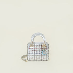 Christian Dior Metallic Silver Ltd. Ed. Embroidered Resin Studs Chain Mini Lady Dior Bag