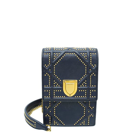 Christian Dior Navy Blue Diorama Studded Vertical Chain Wallet