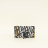 Christian Dior Navy Blue Oblique Small Saddle Pouch with Chain-Pouch-Christian Dior-THE CLOSET