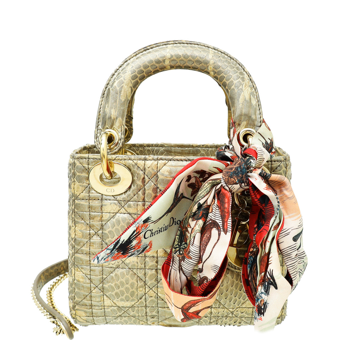 Christian Dior Golden Beige Python Lady Dior Mini Chain Bag W/ Twilly-Christian Dior-THE CLOSET