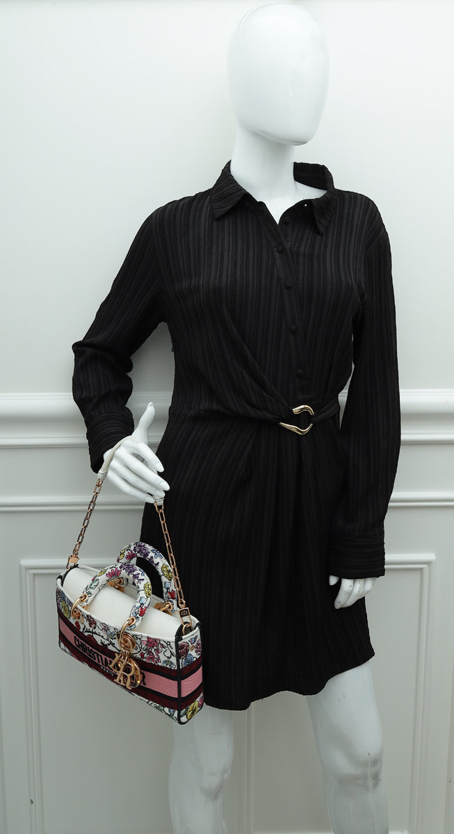 Christian Dior White Multicolor Lady D-Joy Embroidered Medium Bag
