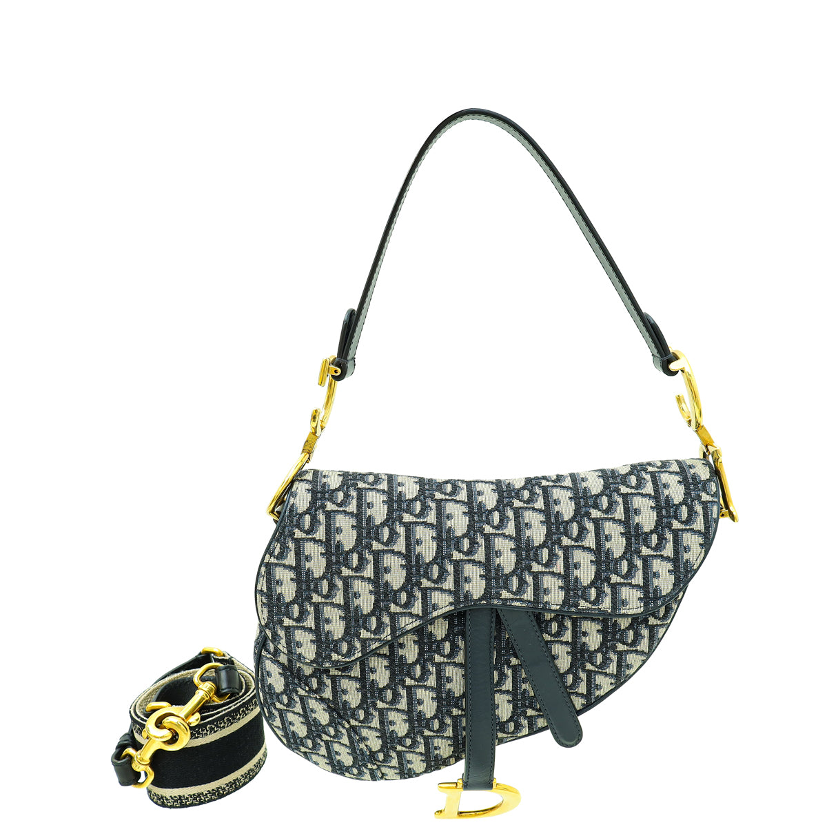 Christian Dior Navy Blue Oblique Saddle Medium Bag W/ Strap-Christian Dior-THE CLOSET
