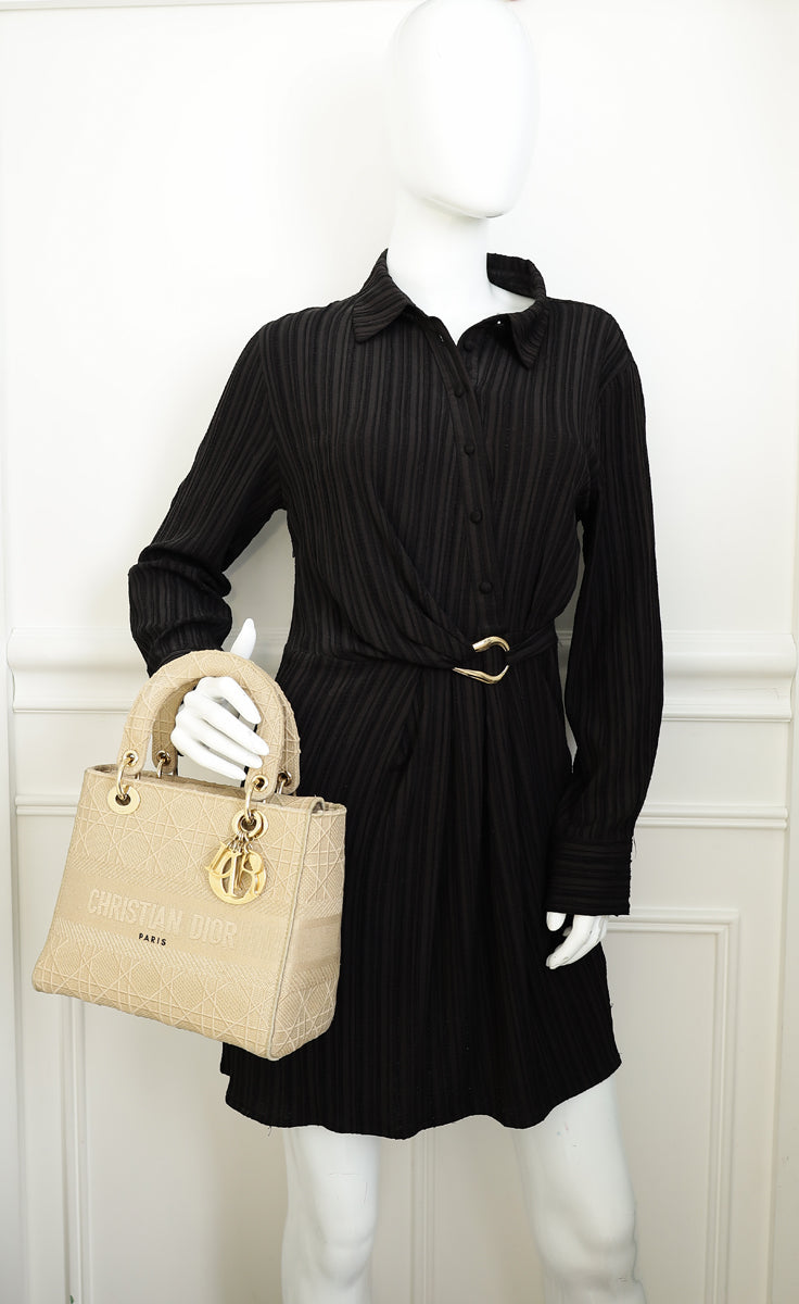 Christian Dior Beige Lady D-Lite Cannage Embroidery Medium Bag