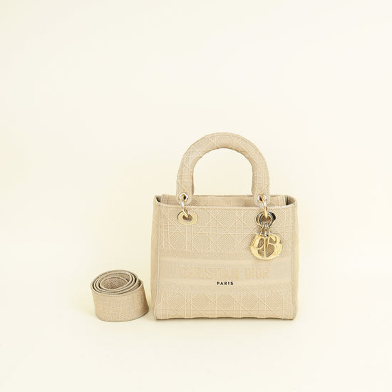 Christian Dior Beige Lady D-Lite Cannage Embroidery Medium Bag
