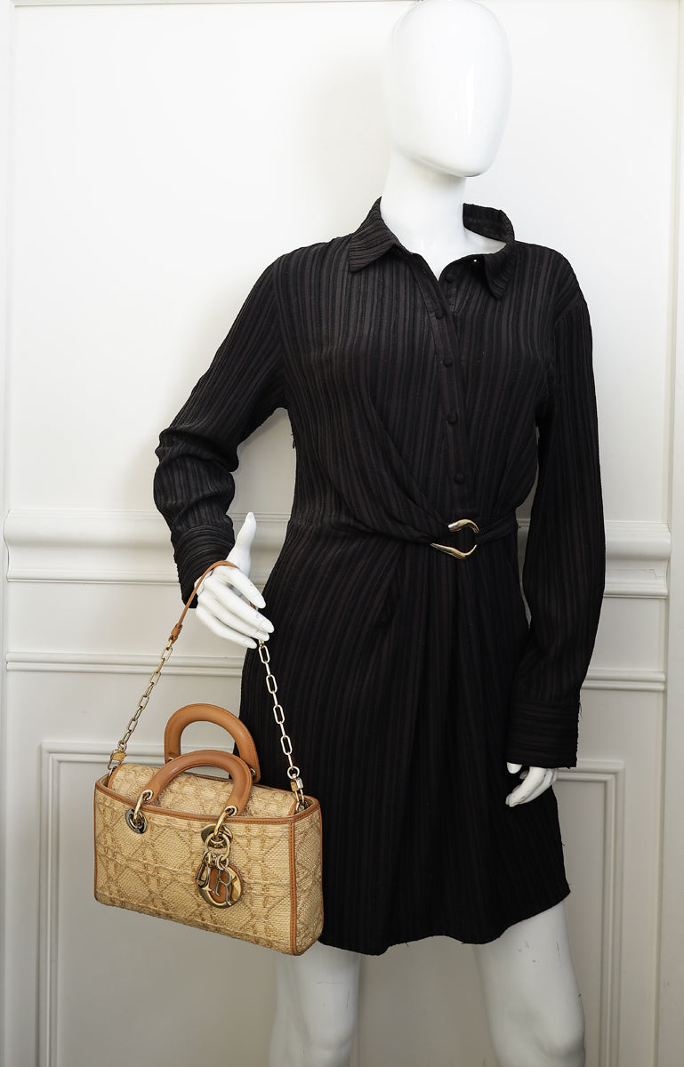 Christian Dior Bicolor Macrocannage Raffia Lady D-Joy Medium Bag
