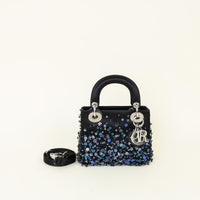 Christian Dior Black Satin Floral Embroidered Mini Lady Dior Bag