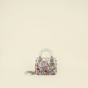 Christian Dior White Satin Beaded Floral Embroidered Mini Lady Dior Bag