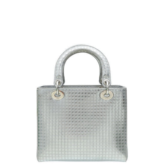 Christian Dior Silver Lady Dior Micro Cannage Medium Bag