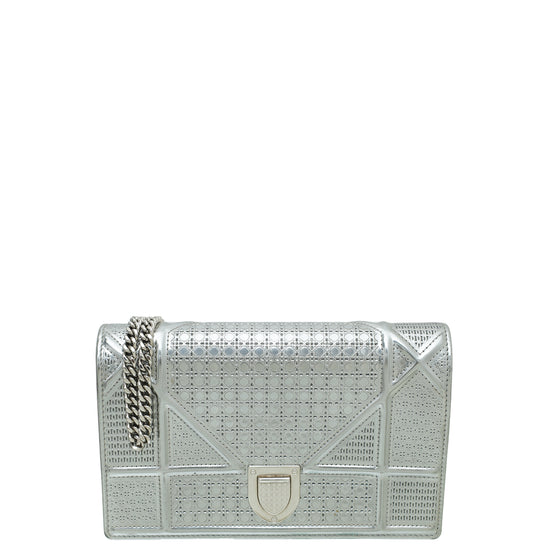 Christian Dior Silver Diorama Microcannage Wallet On Chain