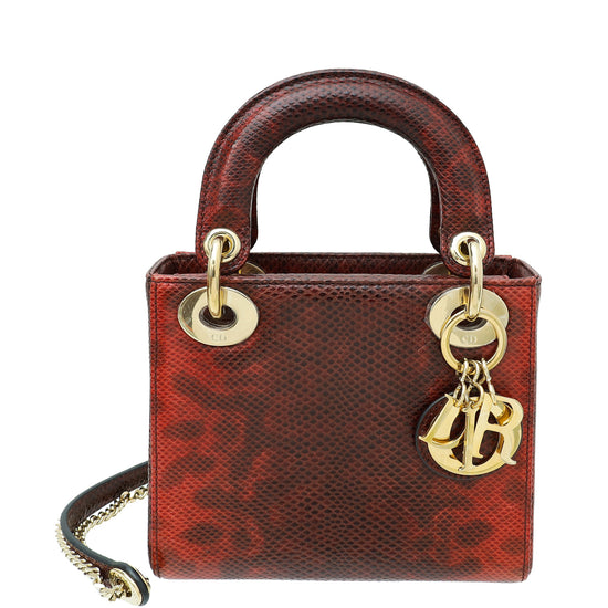 Christian Dior Red Burgundy Lizard Chain Mini Lady Dior Bag