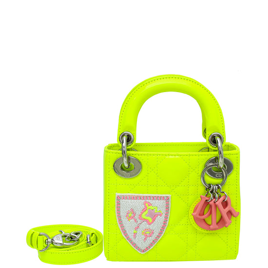 Christian Dior Neon Green Micro Lady Dior Bag with Embroidered Patch