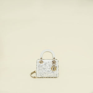 Christian Dior White Crystal & Pearl Embroidered Chain Mini Lady Dior Bag