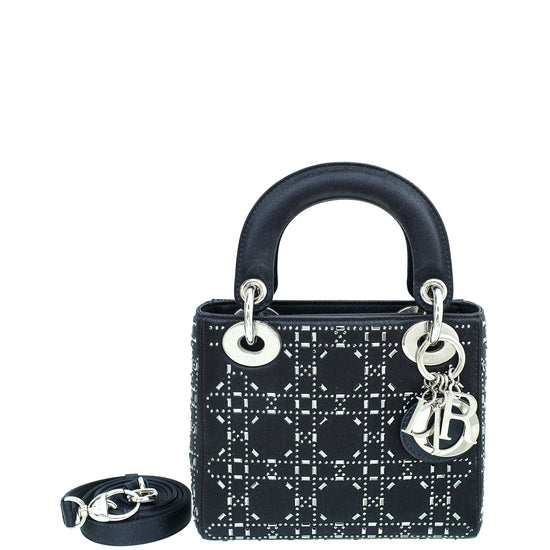 Christian Dior Black Satin Strass Cannage Lady Dior Mini Bag