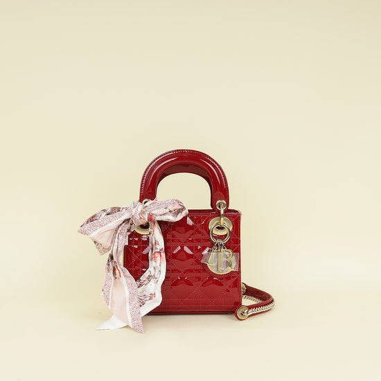 Christian Dior Cherry Red Lady Dior Mini Chain Bag W/ Twilly
