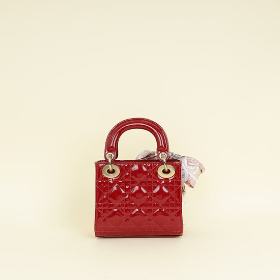 Christian Dior Cherry Red Lady Dior Mini Chain Bag W/ Twilly