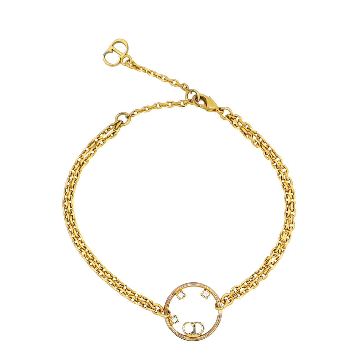Christian Dior Yellow Gold Finish CD Crystal Station Double Chain Bracelet-Christian Dior-THE CLOSET