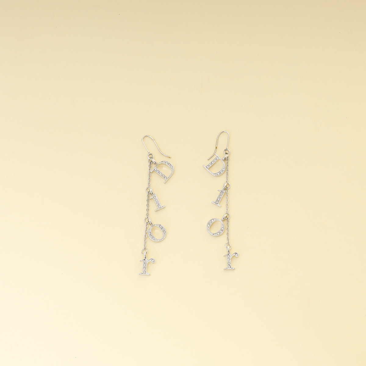 Christian Dior Silver Finish Crystal Logo Letters Dangle Drop Earrings-Christian Dior-THE CLOSET