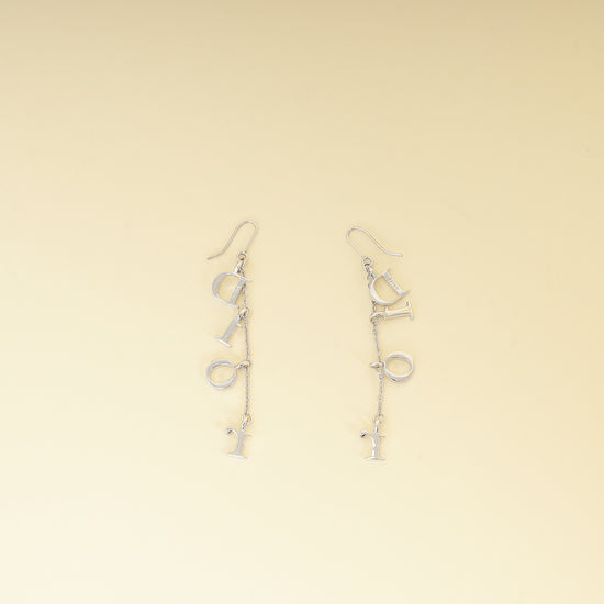 Christian Dior Silver Finish Crystal Logo Letters Dangle Drop Earrings-Christian Dior-THE CLOSET