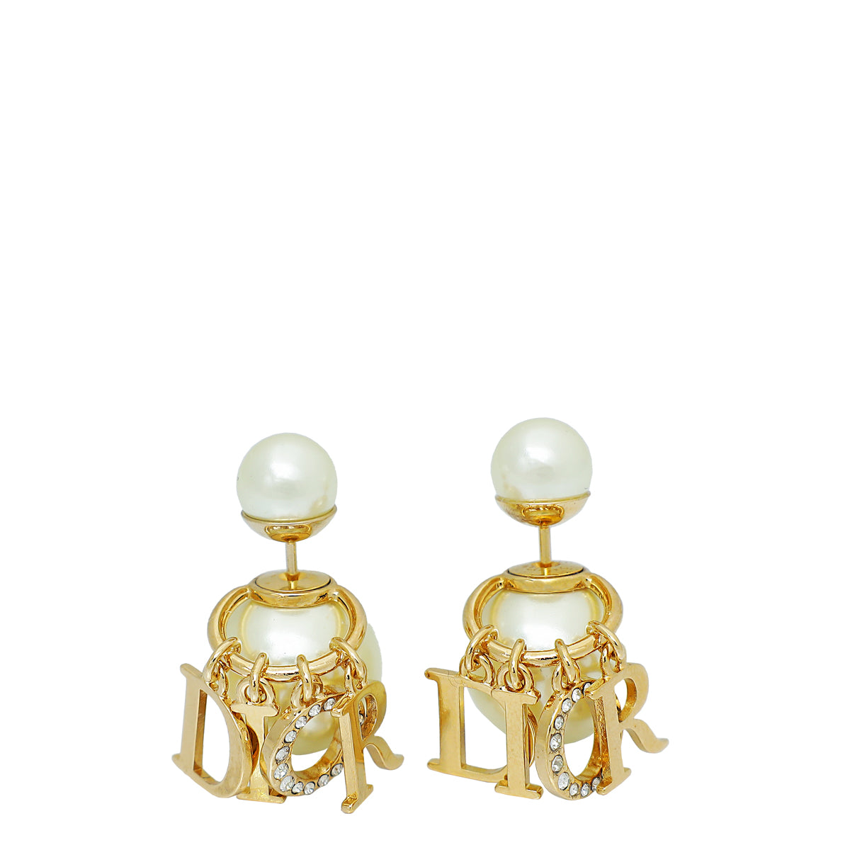 Christian Dior White Pearl Crystal Tribal Logo Charms Earrings-Christian Dior-THE CLOSET