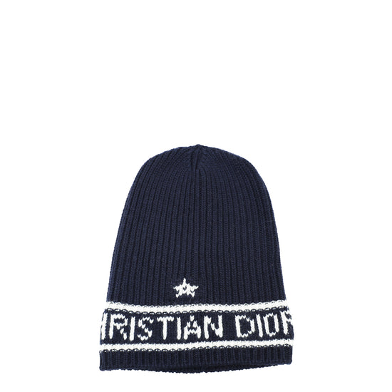 Christian Dior Navy Blue D-White Wool and Cashmere Knit Beanie