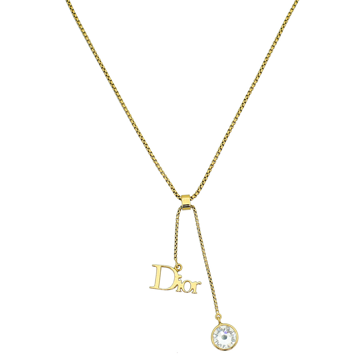 Christian Dior Gold Finish Logo Crystal Drop Pendant Necklace-Christian Dior-THE CLOSET