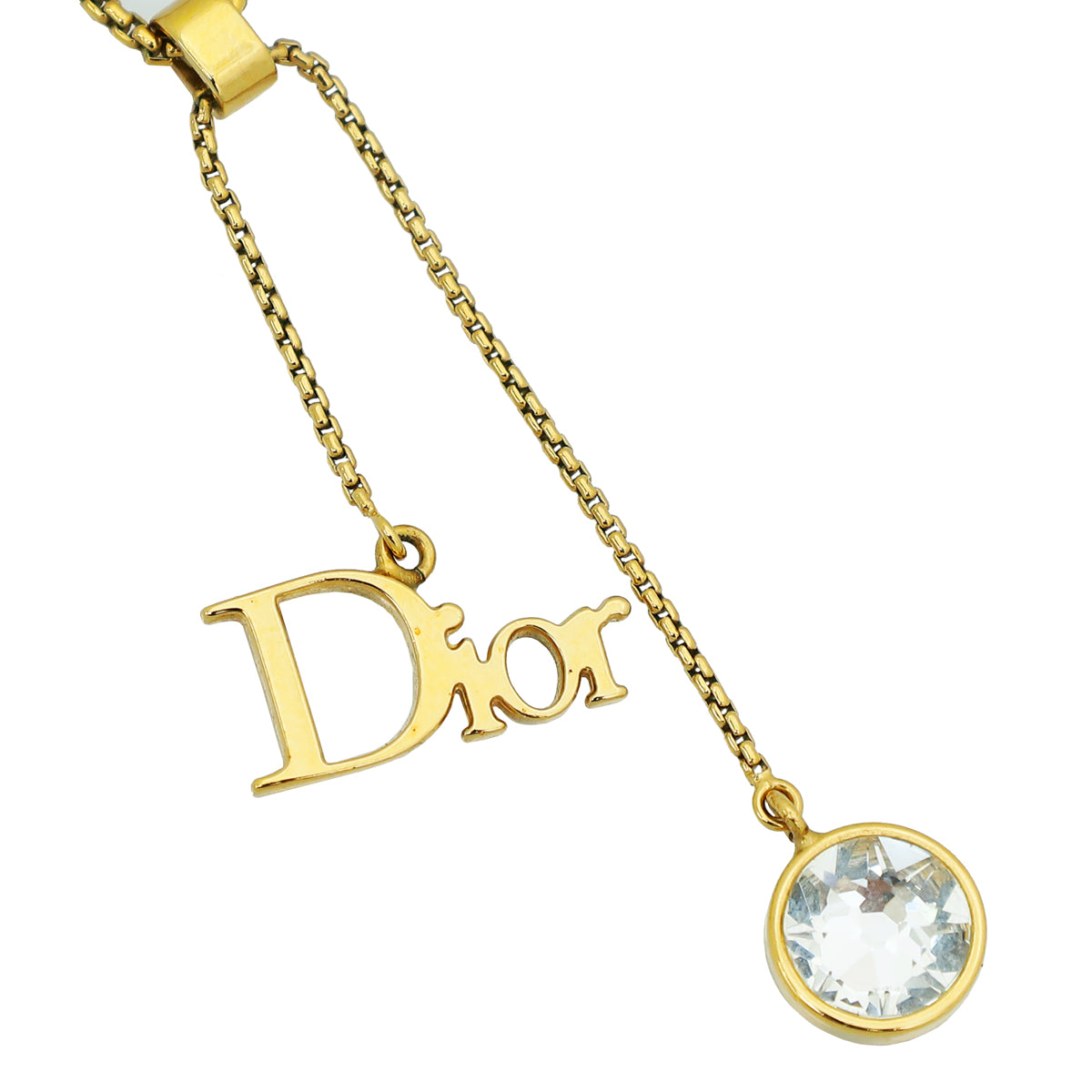 Christian Dior Gold Finish Logo Crystal Drop Pendant Necklace-Christian Dior-THE CLOSET