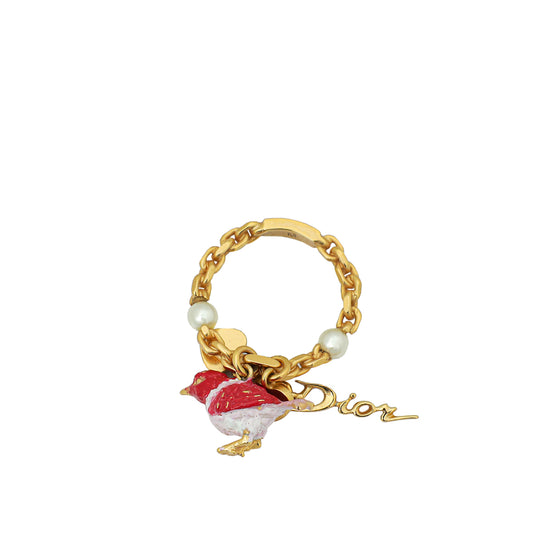 Christian Dior Gold Finish Bird & Heart Charm Medium Ring 54