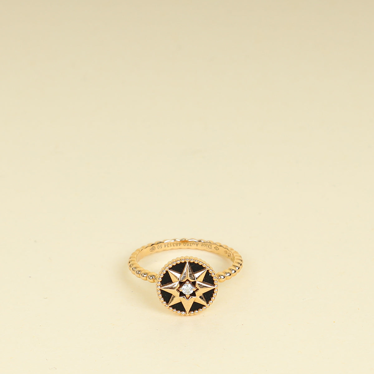 Christian Dior 18K Rose Gold Rose Diamond Onyx Des Vents Ring 50