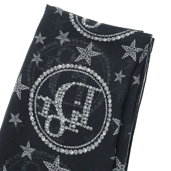 Christian Dior Black Logo Star Print Silk Scarf